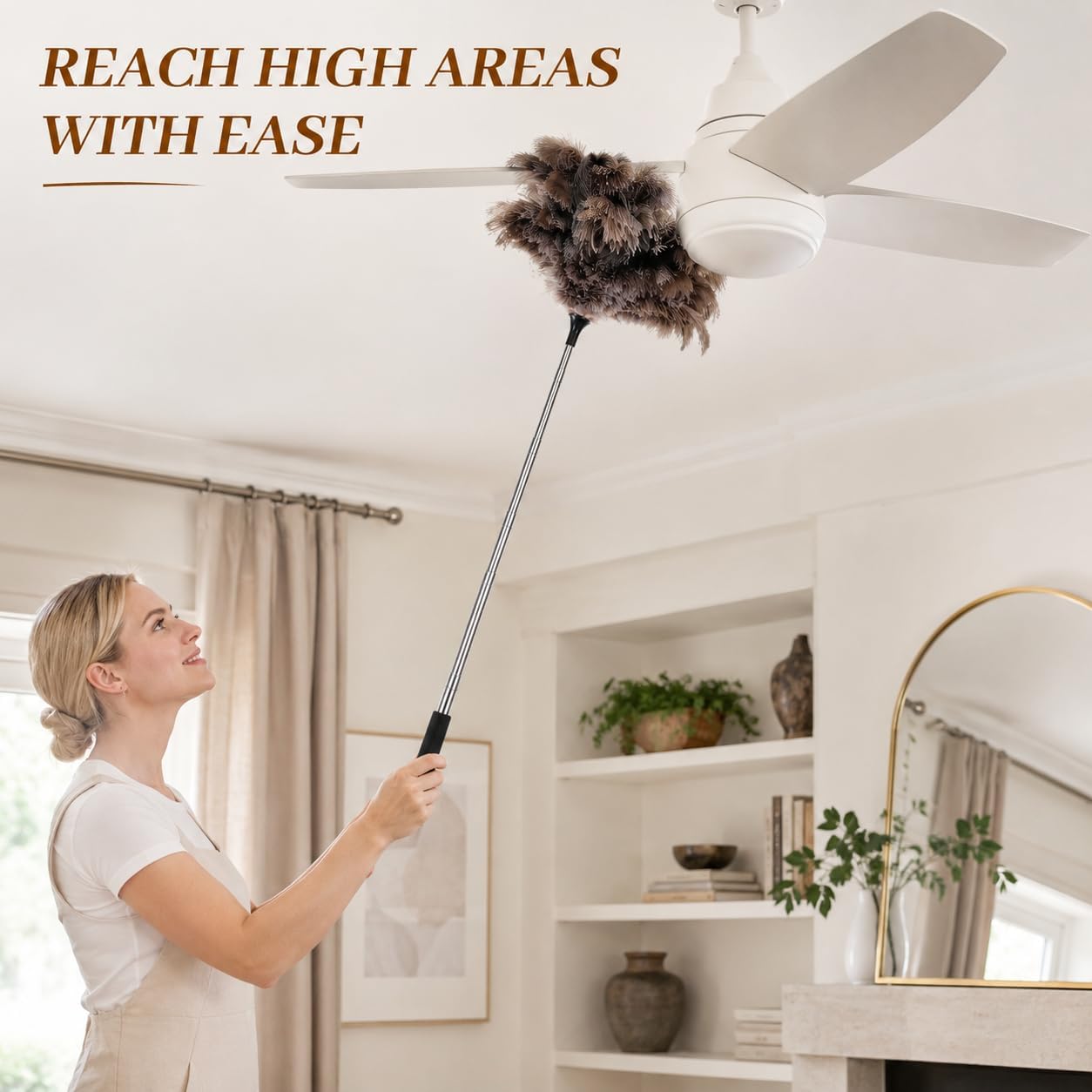 Ostrich Feather Duster for Cleaning, Extendable 17 to 40 Inches Fluffy Duster, Ideal for Ceiling Fans, Lamps, Blinds and Furniture