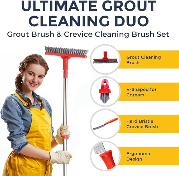 Grout Brush with Long Handle & Hard Bristle Crevice Cleaning Brush, Grout - Image 2