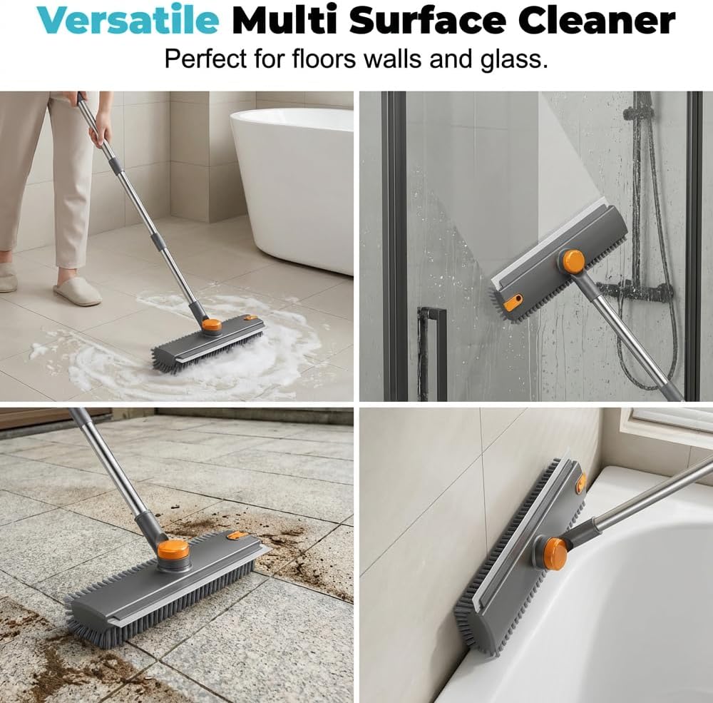 Floor Scrub Brush with Long Handle, 3 in 1 Scrape and Heavy-Duty Stiff Bristle Scrubber Brush, 2-in-1 Floor Brush with Built-in Squeegee, 3 in 1 Floor Scrub Brush (White-1PC)