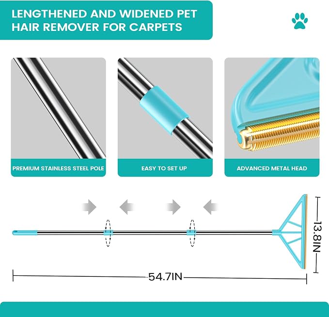 Carpet Rake for Pet Hair Removal, Reusable Pet Hair Remover, 55”Adjustable Long - Image 2