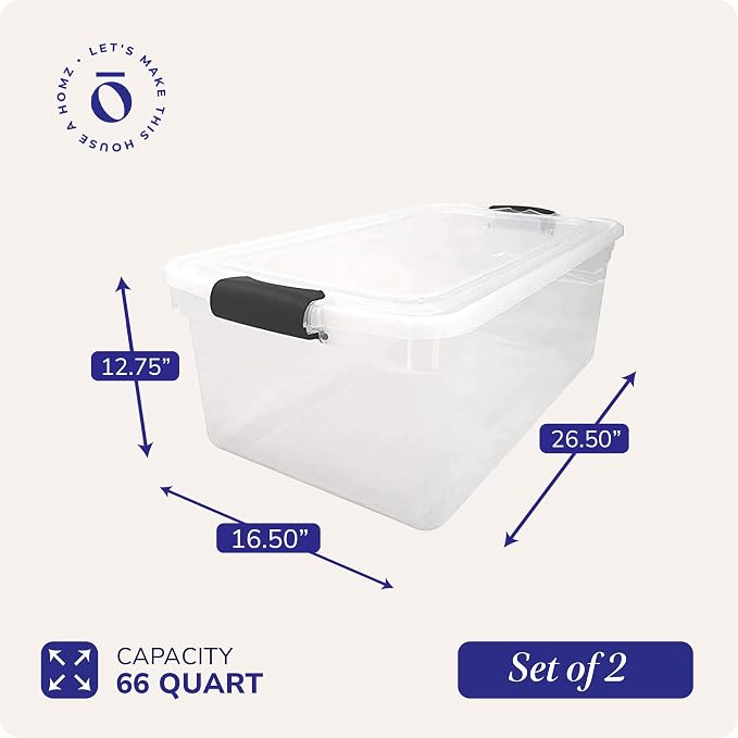 HOMZ 2-Pack Latching Lid, Large Clear Plastic Storage Bins