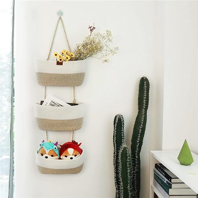 TeoKJ Over the Door Hanging Basket, 3-Tier Woven Cotton Wall-Mounted Storage - Image 4