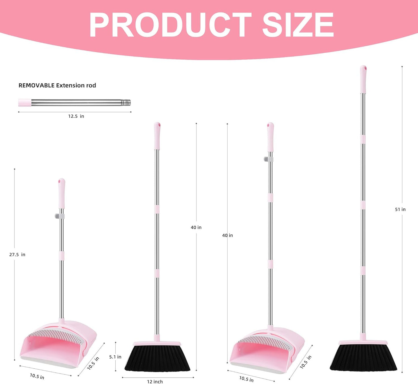 BSKLIN Broom and Dustpan Set for Home, 52” Long Handle Broom with Dustpan Combo Set with Dust Pan Teeth to Clean Hair Sweeping Set for Kitchen Hardwood Floors Pet Hair (Pink)