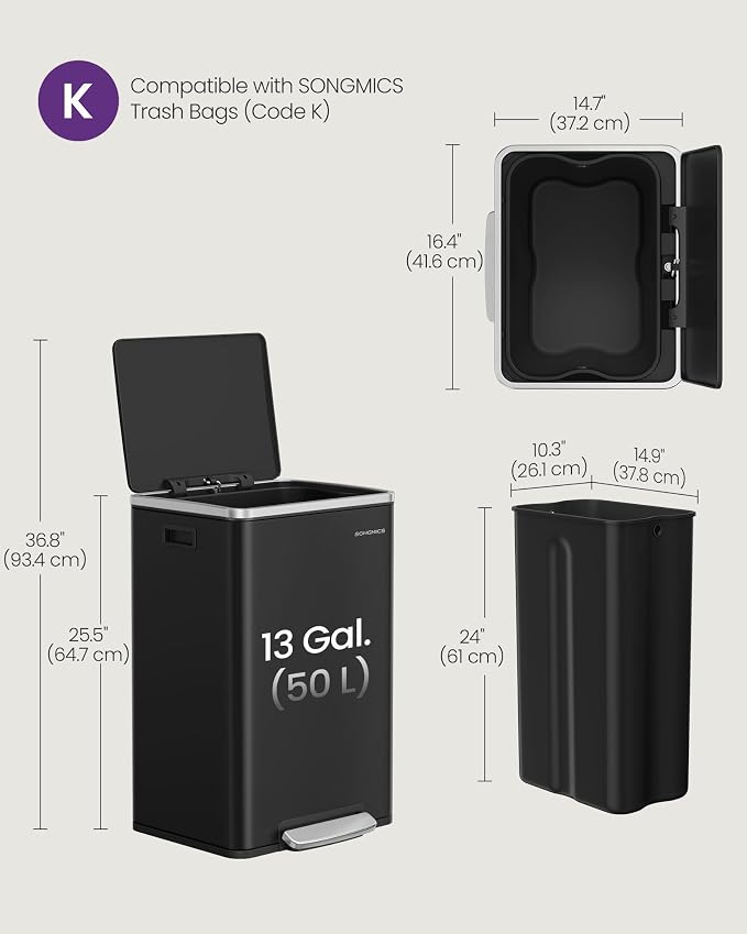 SONGMICS Trash Can, 13-Gallon Gabbage Can, - Image 6