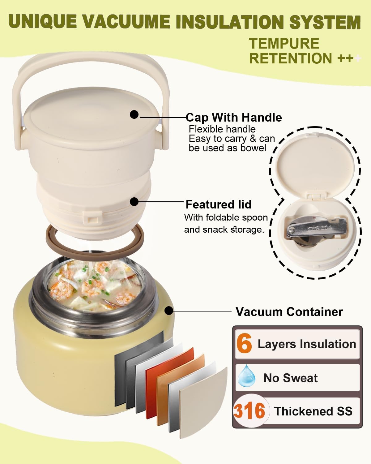 316 Stainless Steel Vacuum Insulated food jar for hot food lunch container, Soup Thermo For Kids/Adults lunch on the go