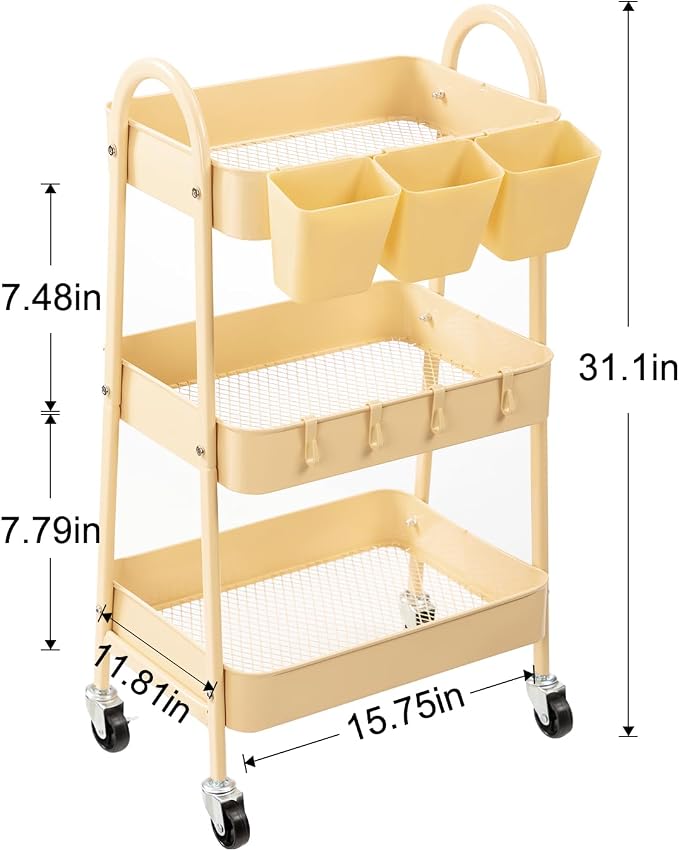 danpinera 3-Tier Rolling Cart, Metal Rolling Storage Cart - Image 2