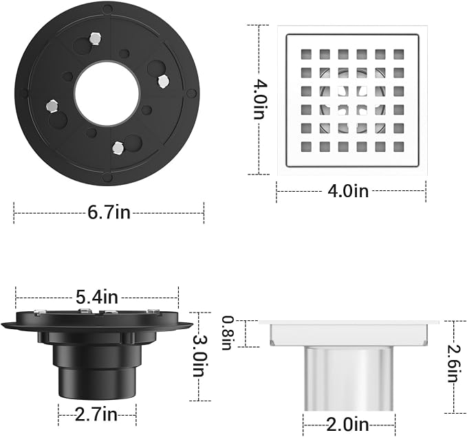 4-3/8 Inch Square Shower Drain Chrome, Bathroom Floor Drain, Stainless Steel - Image 4