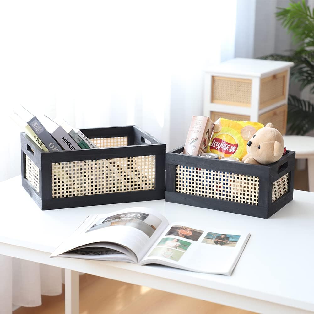 Wicker Wood Storage Baskets with Handle, Set of 2, Black
