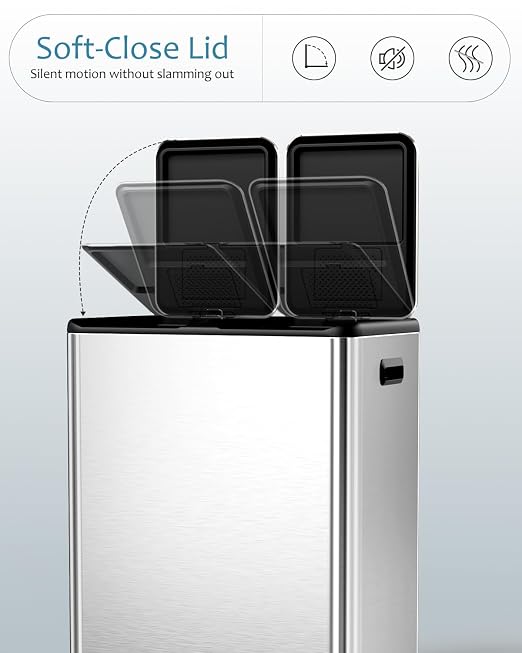 16 Gal Dual Trash Can, Stainless Steel Kitchen Garbage Bin, Recycle Dustbin - Image 4
