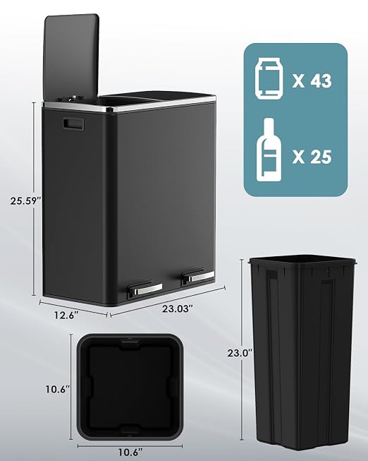 AthLike 60L Dual Trash Can, Stainless Steel Kitchen Garbage Can, Double - Image 2