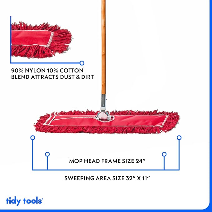 24 Inch Red Commercial Dust Mop & Floor Sweeper – Wood Handle Floor Mop - Image 3