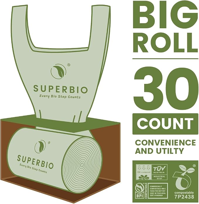 SUPERBIO 13 Gallon Handle Tie Compostable Food Waste Bags, 2 Pack, ASTM D6400 - Image 2