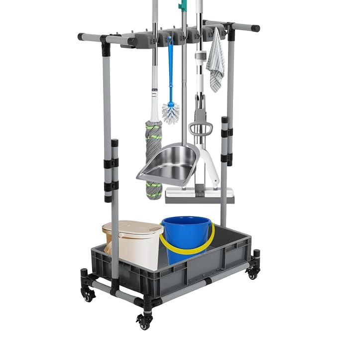 Rolling Cleaning Cart with Mop & Broom Organizer, Movable Floor-Mounted Mop by Dollate