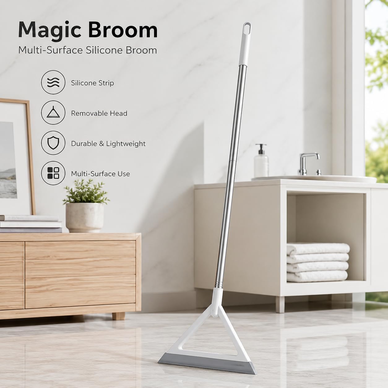 Magic Broom with Silicone Strip - Rubber Floor Sweeper with Removable Head for Pet Hair Dust and Everyday Floor Care on Tile Hardwood Glass Floors