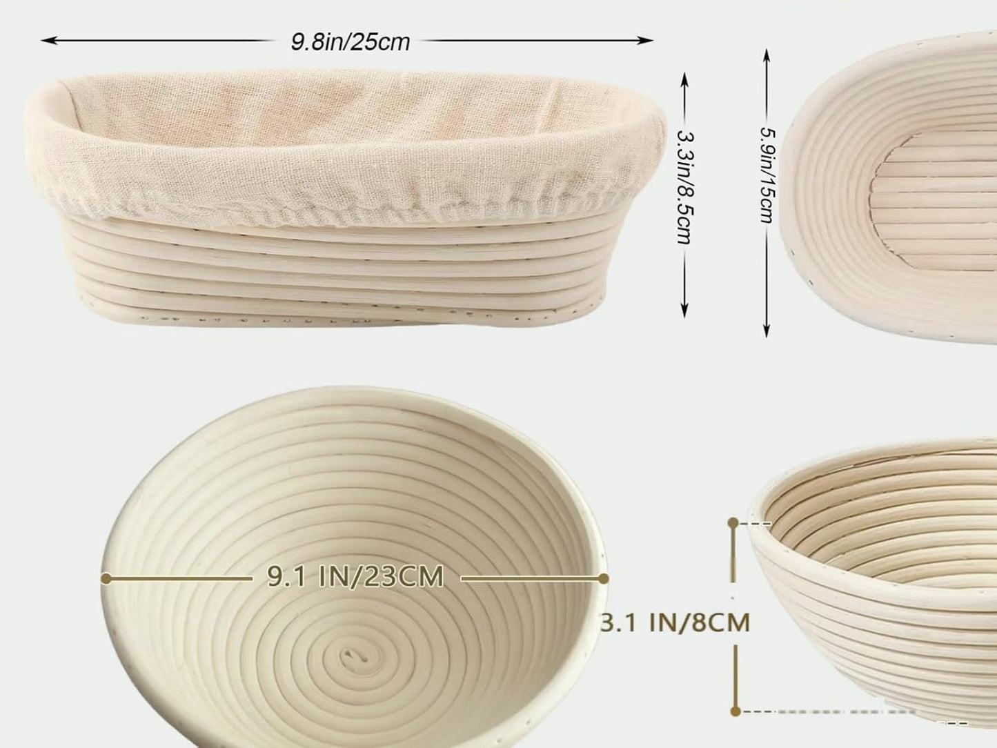 Proofing Baskets for Sourdough Bread Baking, 2 Pack Banneton Bread Proofing Basket 9 inch Round & 10 inch Oval Proofing Bowls for Sourdough Bread with Liner Making Baking Fermentation Tools Supplies