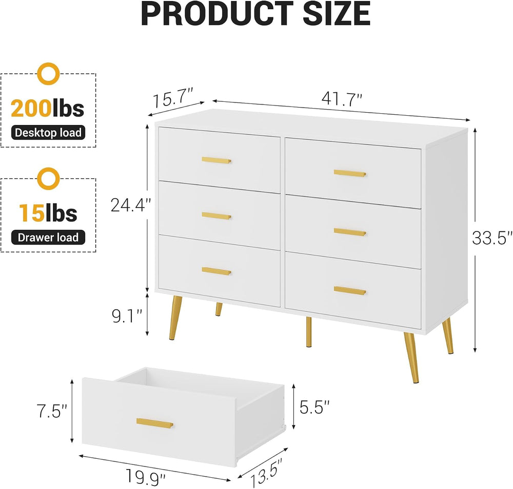 IDEALHOUSE 6 Drawer Dresser, Chest of Drawers with Gold Handles, White