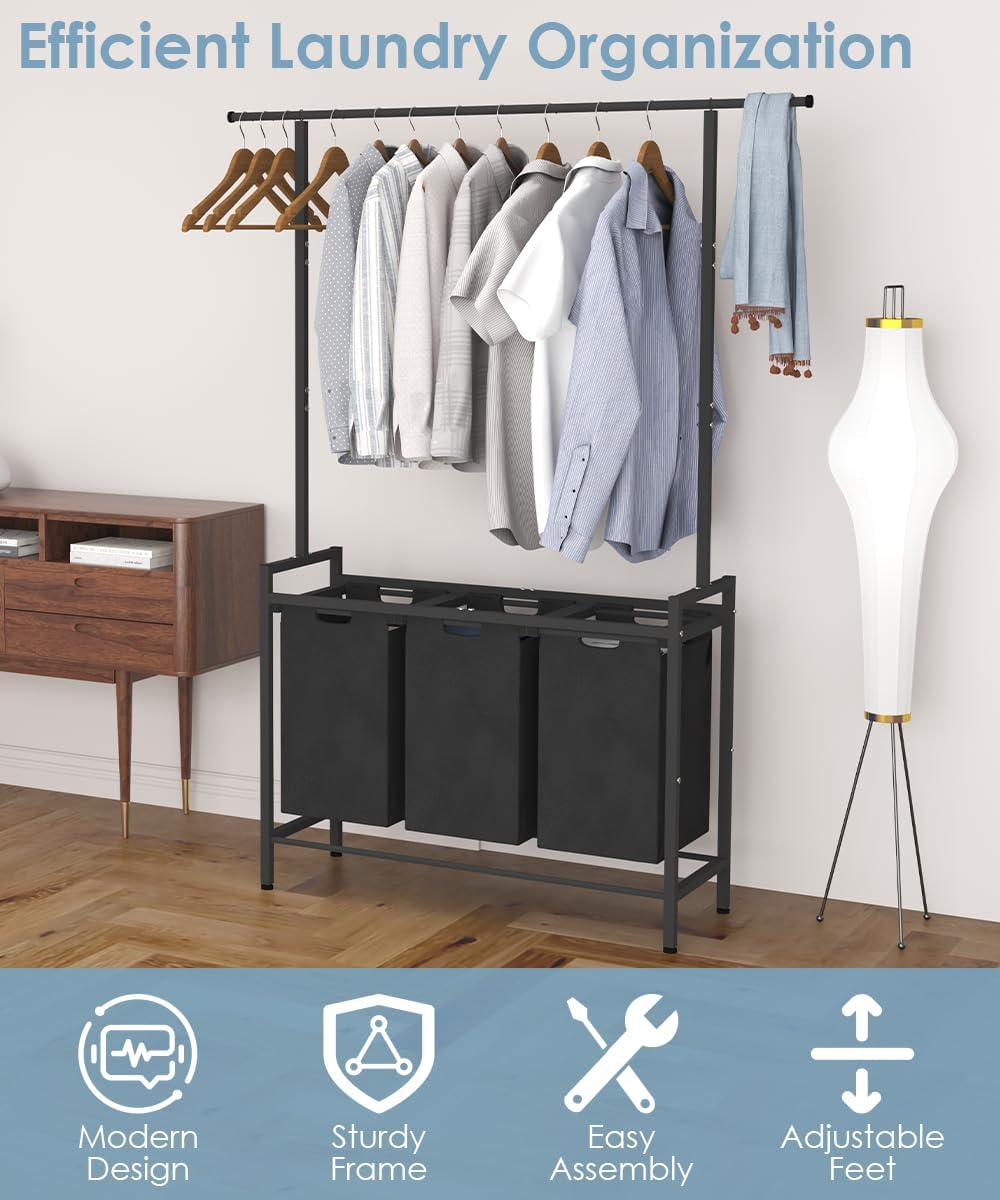 Large Laundry Hamper with Clothes Rack Hanging Bar, 10 x 3 Gal Pull-Out &...