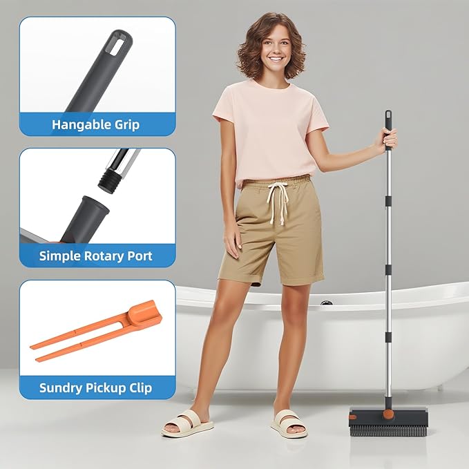 Scrub Brush with Long Handle, Floor Scrub Brush Squeegee Broom - Image 4