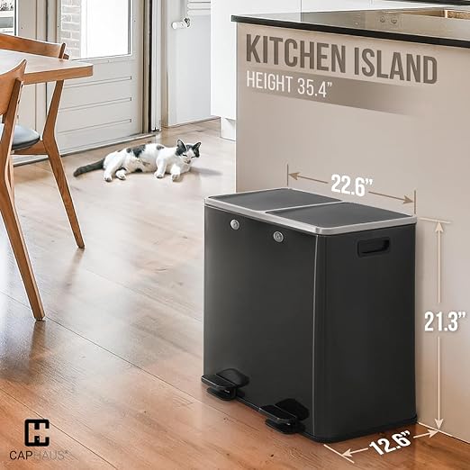 CAPHAUS Black Dual Trash Can w/Double Lid, Trash & Recycle Bins Combo, - Image 2