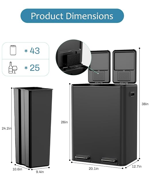 16 Gal Dual Trash Can, Stainless Steel Kitchen Garbage Bin, Recycle Dustbin - Image 2