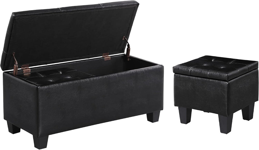 PU Leather Storage Ottomans Set of 3, Tufted Upholstered, Black