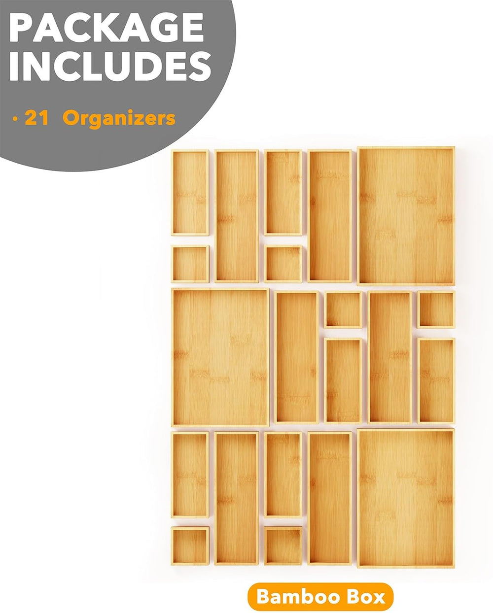 SpaceAid 21-Piece Bamboo Drawer Organizer Storage Boxes Set, Wood Tray Junk D...