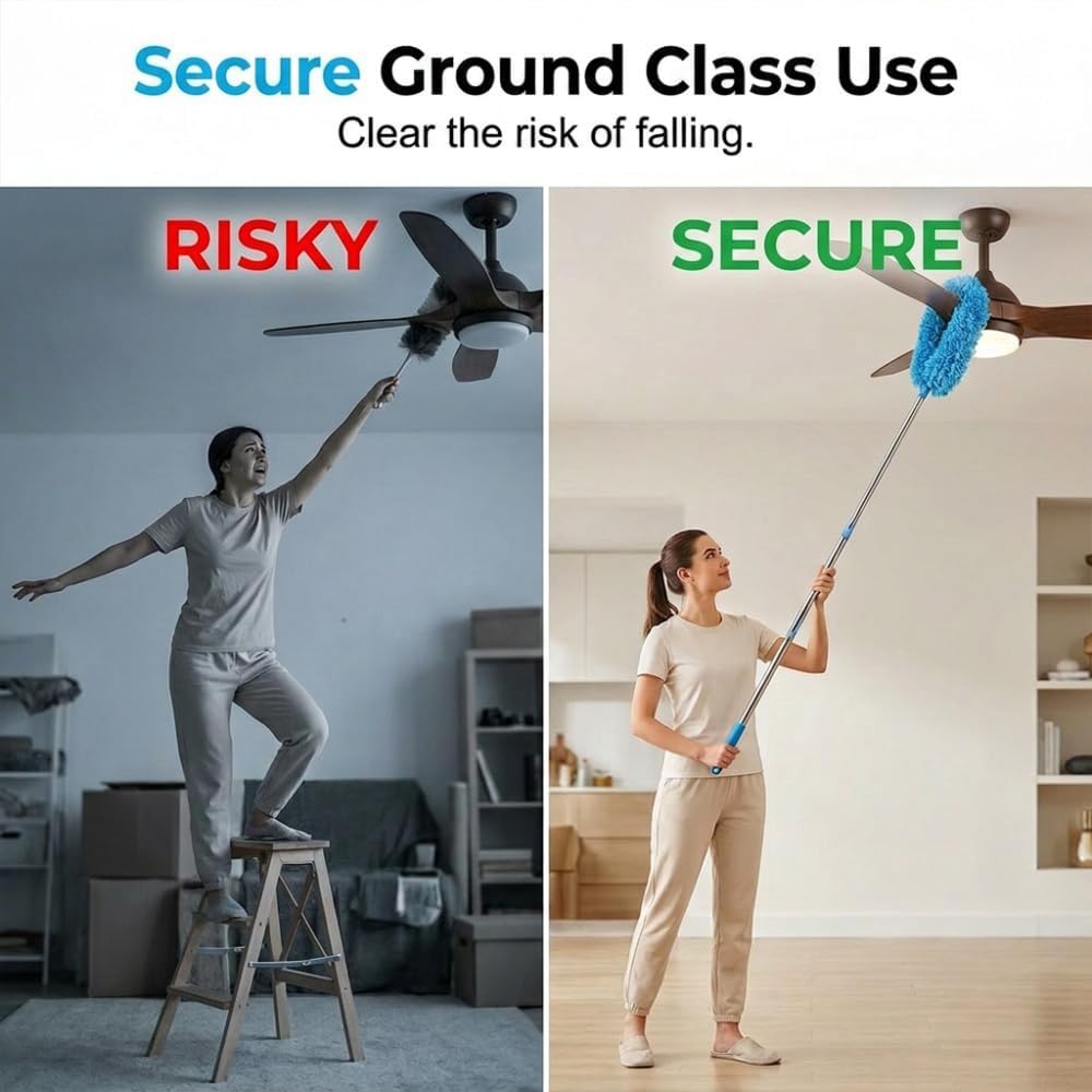 Ceiling Fan Cleaning Duster, 2026 Upgrade Telescopic 3 Section Pole Removable Head Multi Purpose Duster for Indoor Fan Wall Corner Shelf Window Dust Removal Daily Home Use
