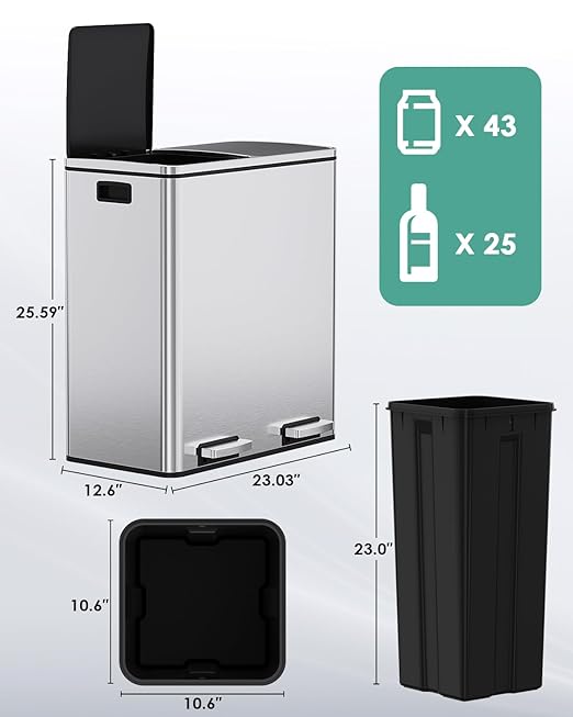 AthLike 60L Dual Trash Can, Stainless Steel Kitchen Garbage Can, Double - Image 2
