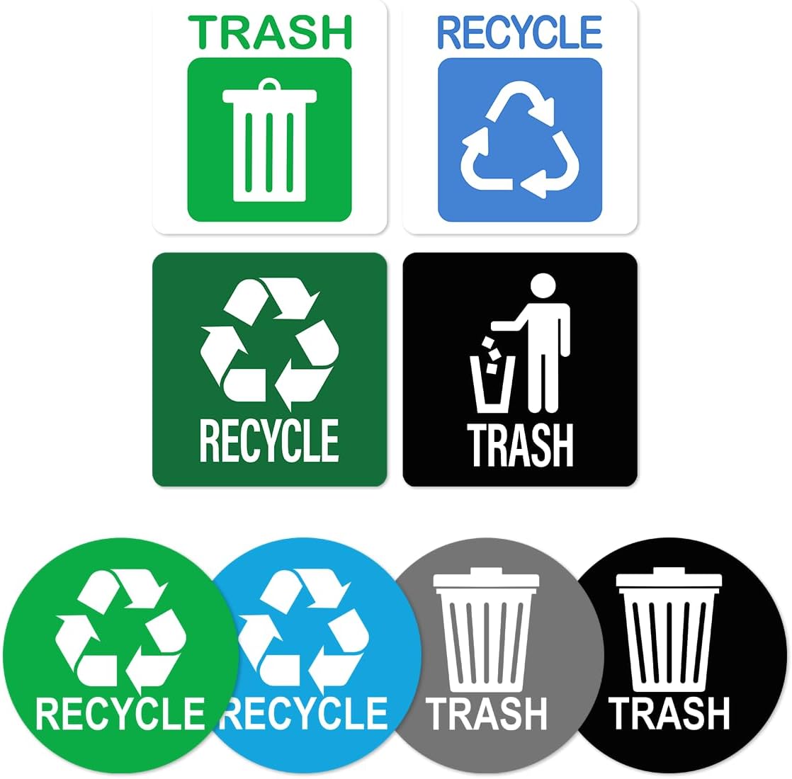 Pack 8 Pcs Recycle and Trash Sticker for Trash Cans Garbage Bins Waste Signs Recycling Bin Labels Outdoor Indoor Offices Home Bumper Stickers Reusable Waterproof Vinyl Decals Set