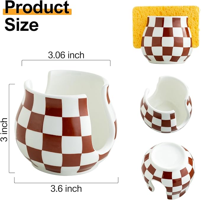 Checkered Sponge Holder for Kitchen Sink Counter, Ceramic Dish Sponge Caddy - Image 2
