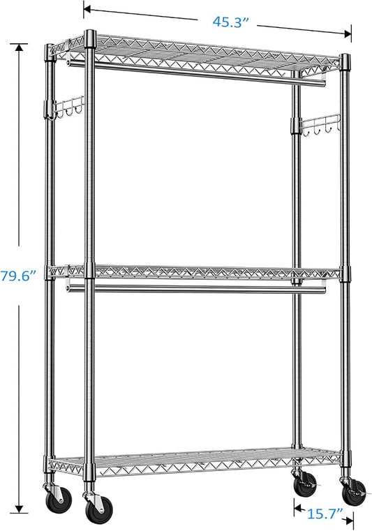 IZEUK 3-Tier Heavy Duty Rolling Garment Rack, Chrome Metal Freestanding Closet - Image 2