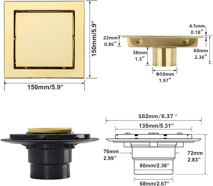 RANDOM Brushed Gold Shower Drain Square - Image 2