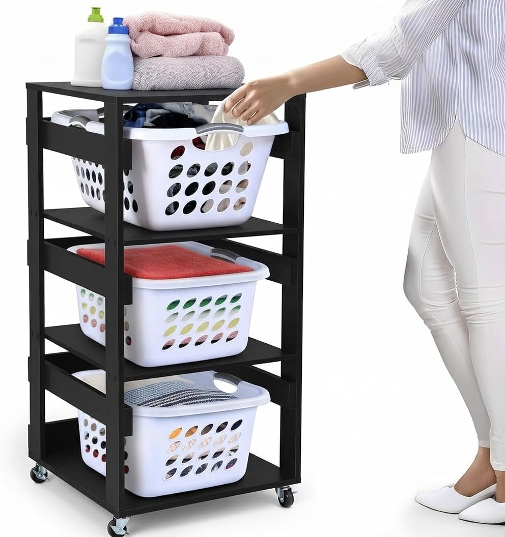 Laundry Basket Holder Shelf, Stackable Laundry Sorter (Black, 3 Tier)