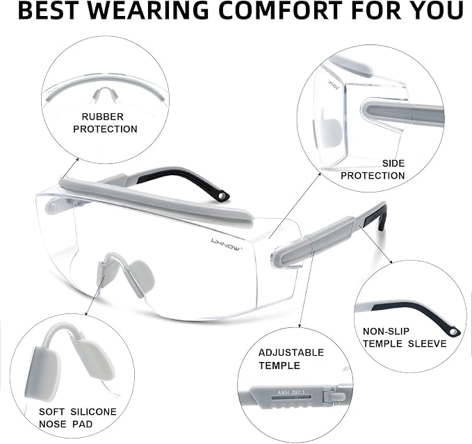 UKNOW Safety Goggles Over Glasses, Safety Glasses Anti Fog Wraparound Eye - Image 4