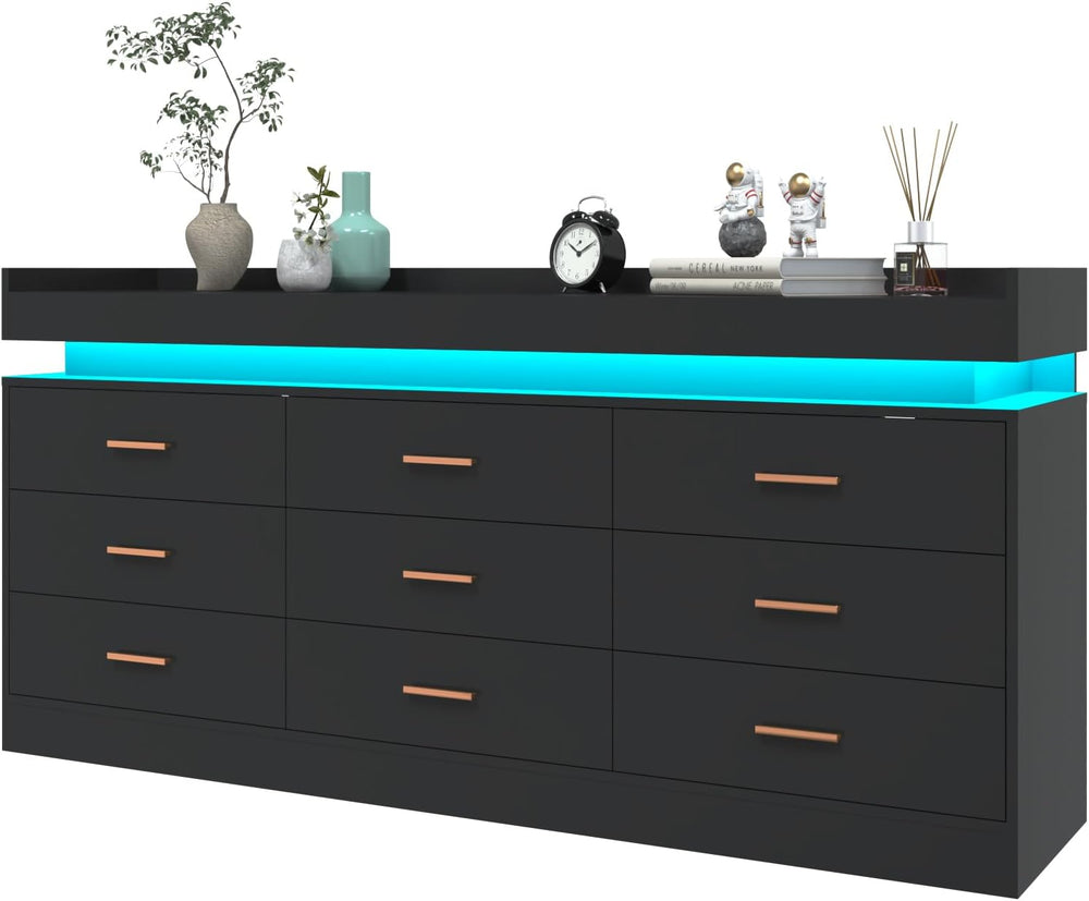 Hlivelood 9 Drawer Dresser with LED Light and Charging Station, Modern Chest ...