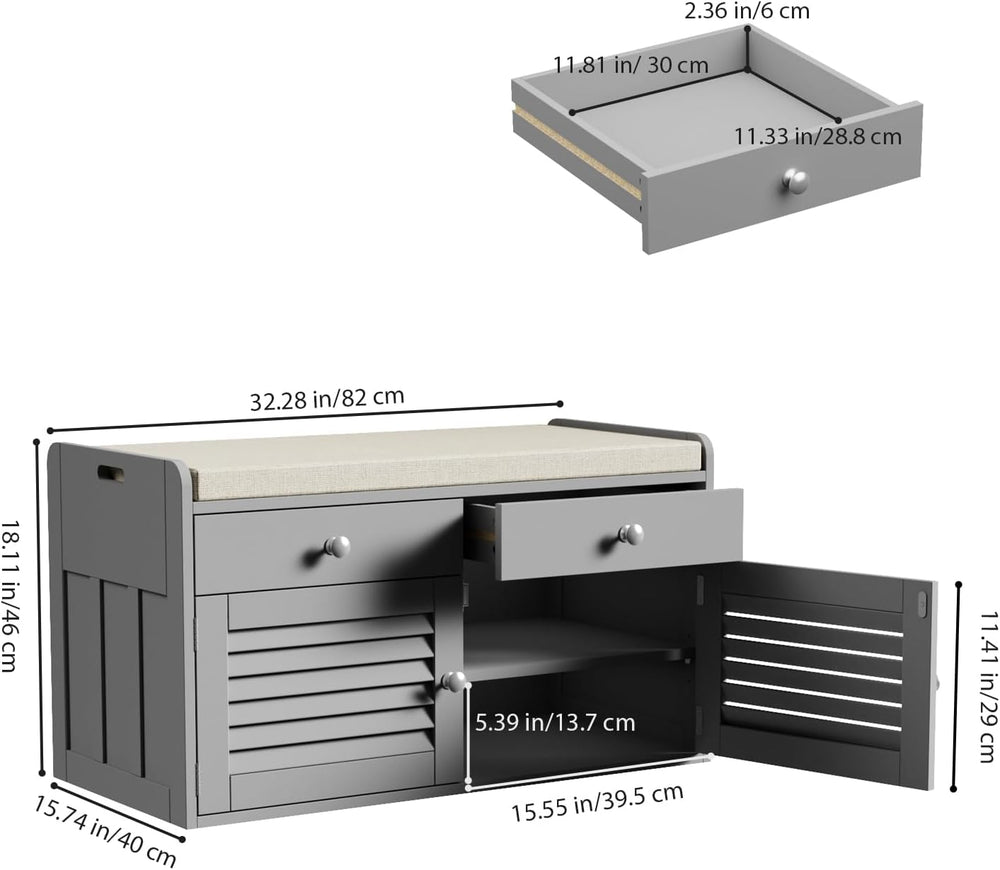 WARMHONIU Shoe Storage Bench with 2 Drawers Storage & Cushioned Seats
