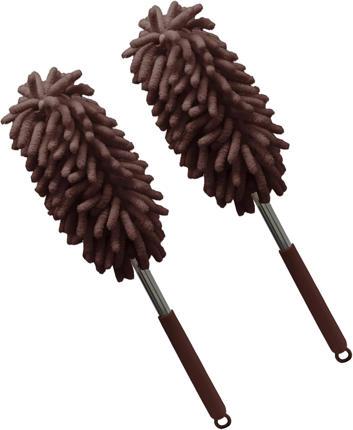 2 Pack Car Interior Duster, Brown Retractable Cleaning Tool, 12 to 31 Inch Extendable Pole with Bendable Head, Soft Chenille Dusting Brush for Auto, Home, Office & Furniture