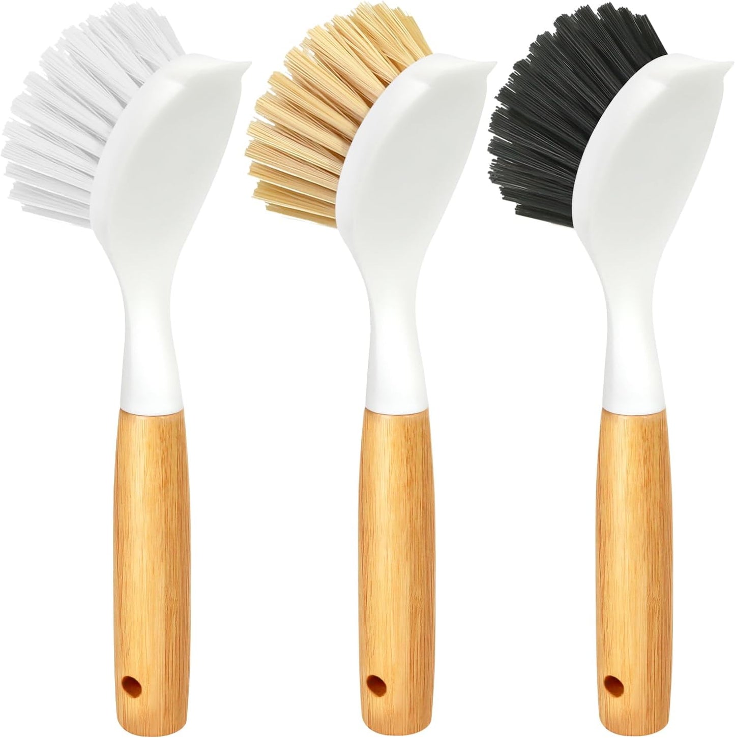 Holikme 3 Pack Dish Brush Set with Bamboo Handle, Kitchen Brushes for Cleaning Pot, Sink and Stove, Skillet Scrubber with Tough Bristles for Cast Iron Grill Pan, White Yellow Black