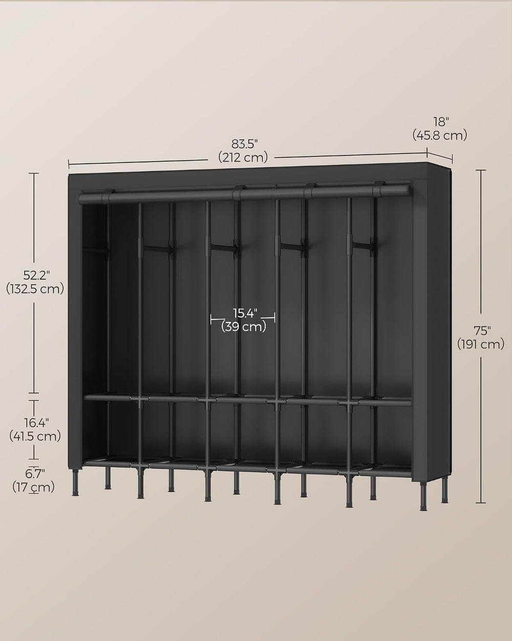 SONGMICS Wardrobe Closet, Fabric Cover, 5 Hanging Rails, 10 Shelves