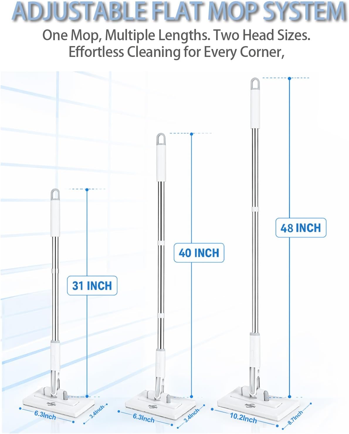 Hands Free Flat Mop One Click,Hands Free Multi Purpose Flat Mop, Snap Grip Mini Mops,360° Rotation Head,31'' Long Handle,Dry and Wet Use,Suitable for Whole House Cleaning,Tile and Hardwood(6 Cloths)