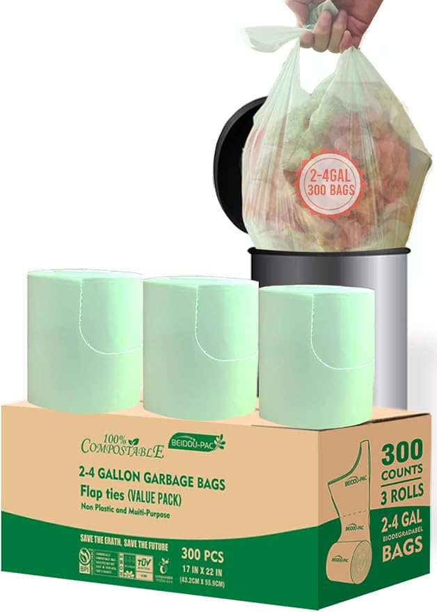 3 Gallon Flap Tie Compostable Trash Bags, Biodegradable Kitchen Garbage Bags by BEIDOU-PAC