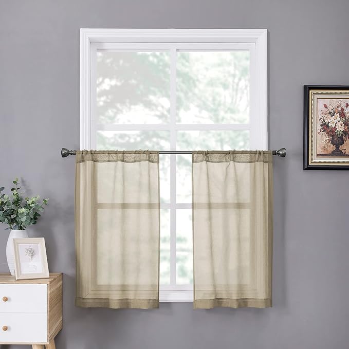 Tollpiz Short Sheer Tier Curtains Linen Textured Half Kitchen Curtain Sheers by Tollpiz