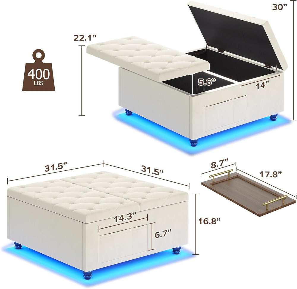 Dnxao 31.5 Inch Large Square Ottoman with Storage and Removable Tray, Beige