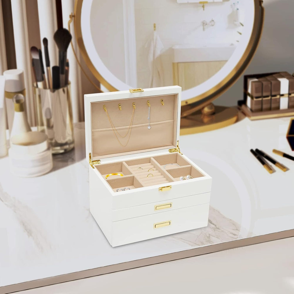 3 Layers Jewelry Storage Box with 2 Drawers, Large Wooden Jewelry Box for Wom...