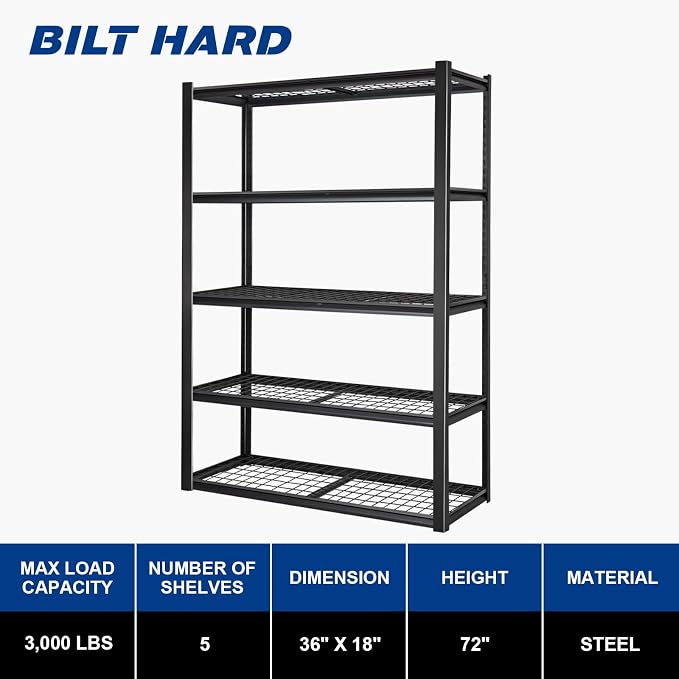 BILT HARD Garage Shelving 3000 LBS 36" W x 18" D x 72" H, Heavy Duty 5-Tier - Image 2