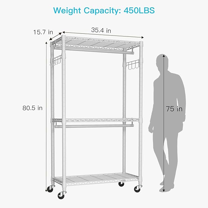 FUTASSI P1 Heavy Duty Garment Rack, 3 Tiers Adjustable Rolling Metal Closet - Image 6