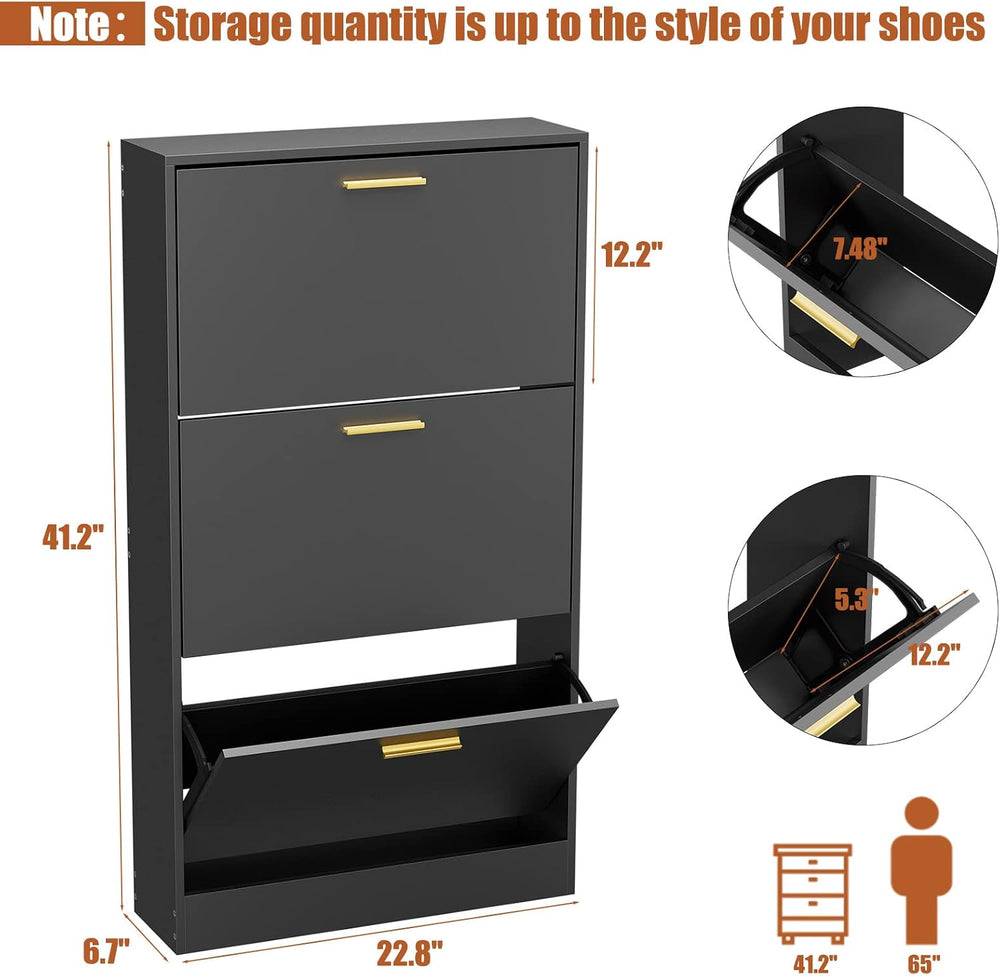JOZZBY Shoe Cabinet, Black Shoe Cabinet with 3 Flip Drawer, Hidden Shoe Stora...