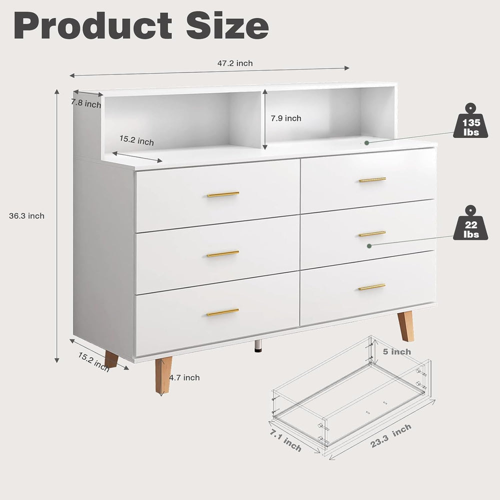 UNIQUITE 6 Drawers Dresser with LED Light and Power Outlet, Wood White Dresse...