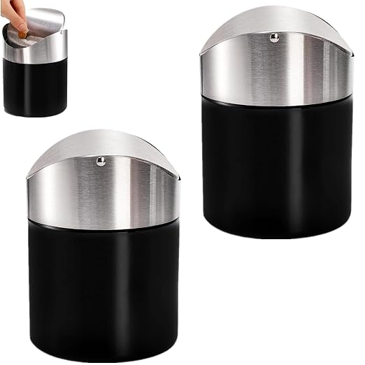 2 Pack Mini Trash Can for Desk, Swing Lid Brushed Stainless Steel Countertop by Unknown