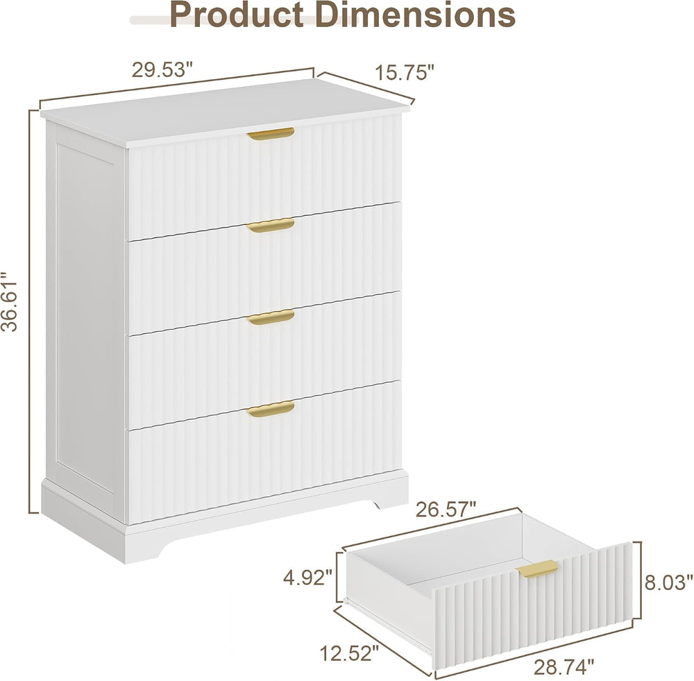 Wooden 4 Drawer Dresser for Bedroom, 36.6 in Tall Fluted Dresser with Metal H...